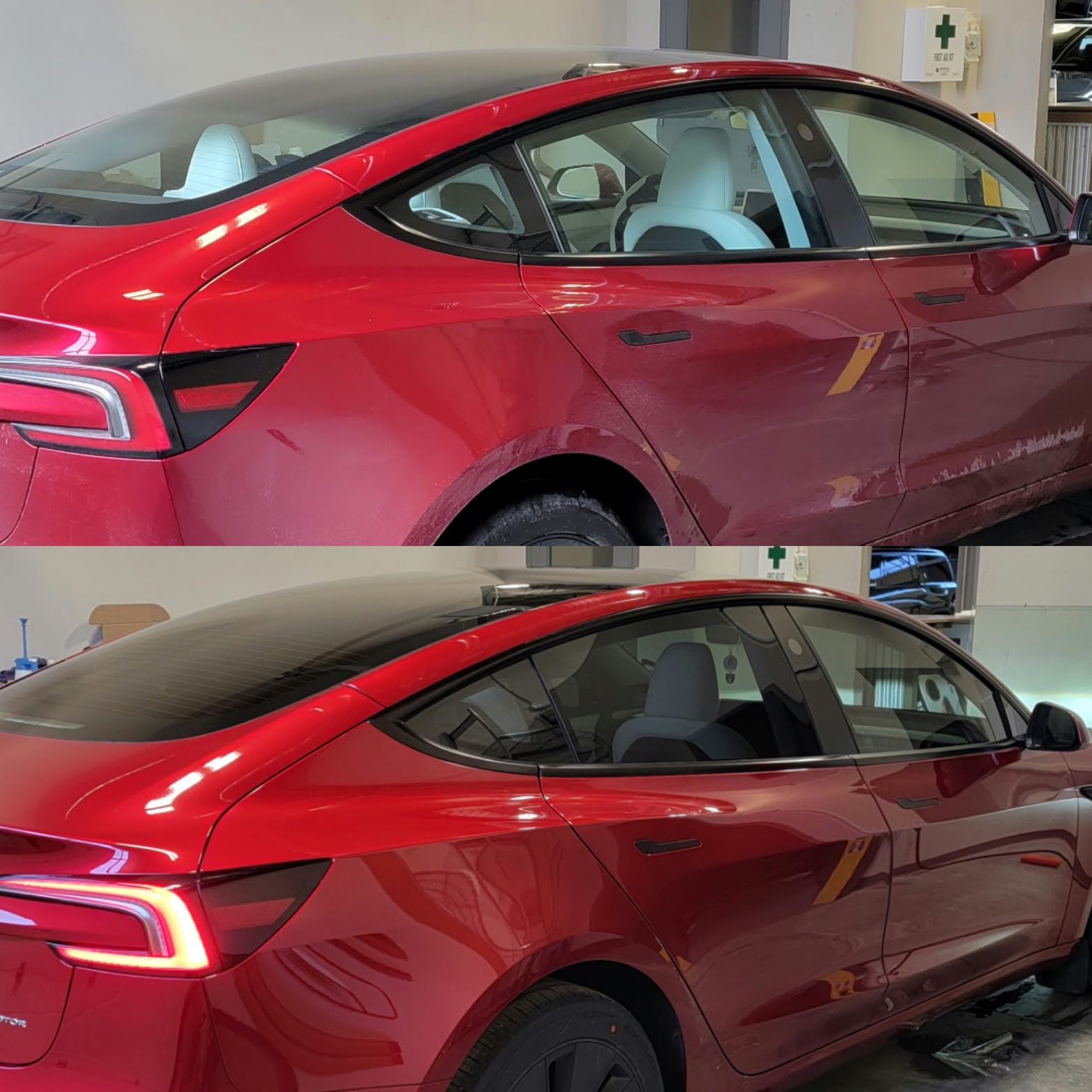 Red Tesla after protection work