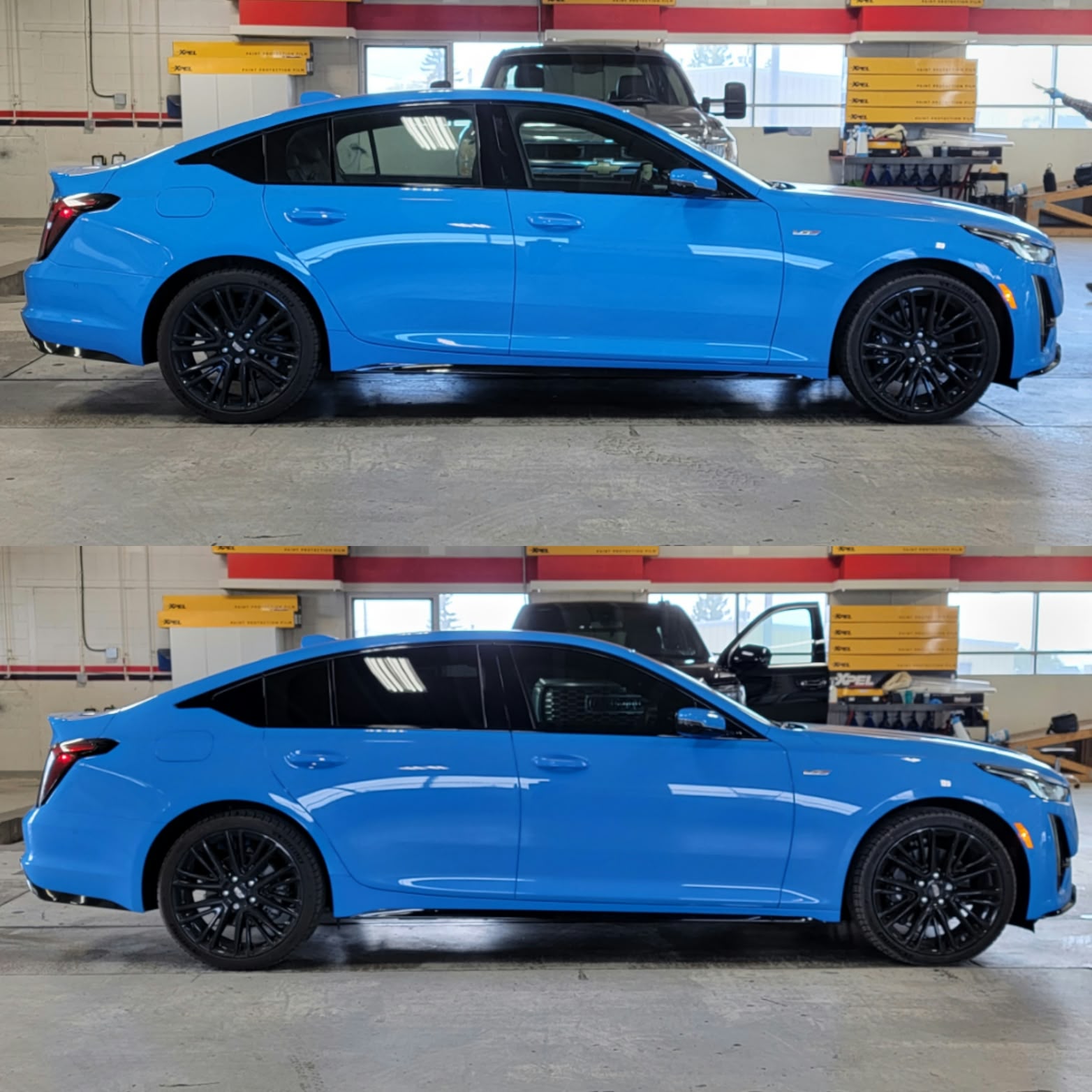 Blue performance car with completed Tint X window tint