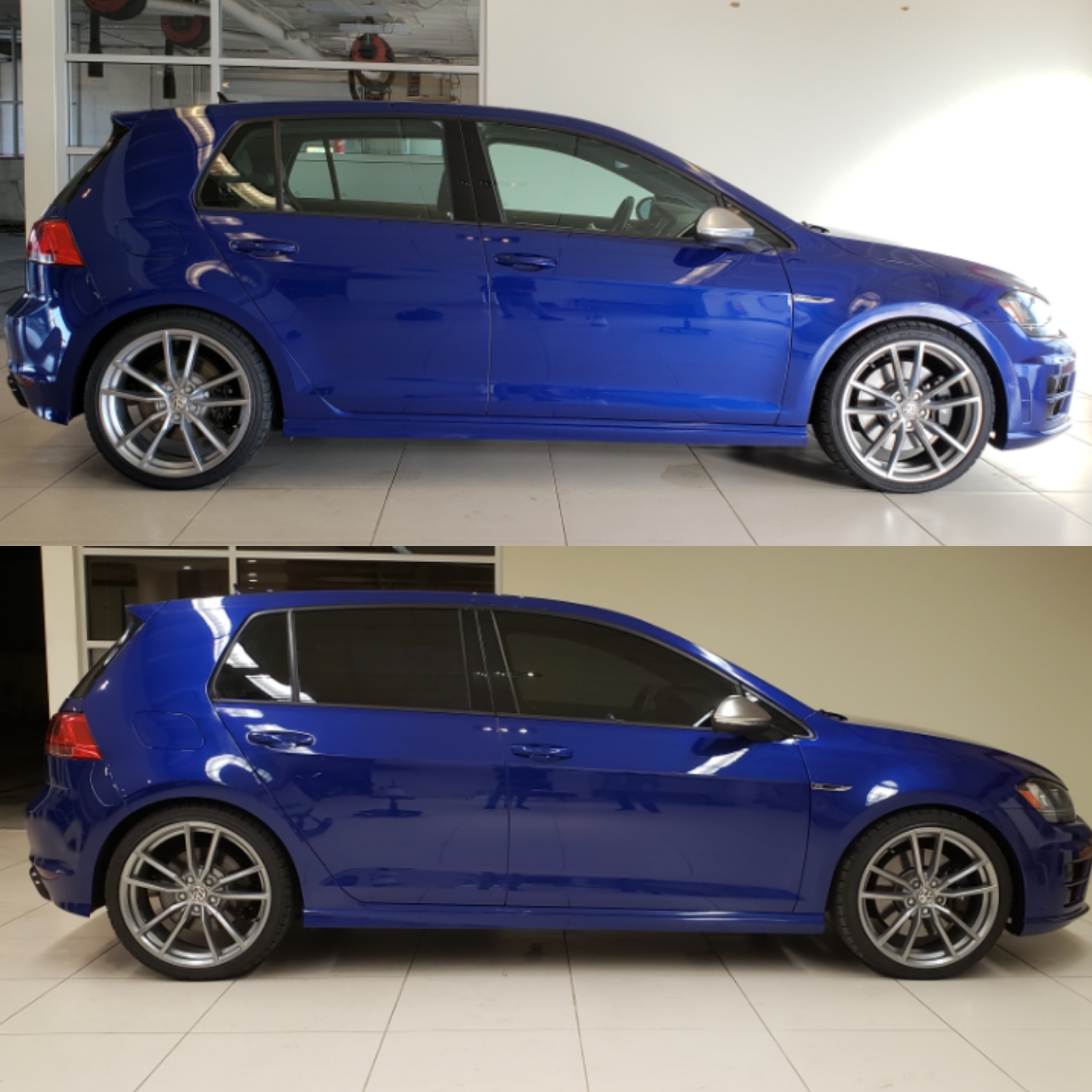 Blue hatchback with window tint